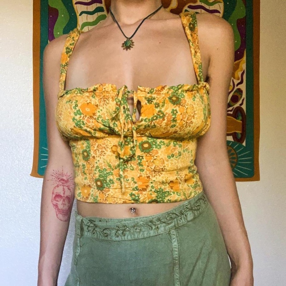 Urban Outfitters Yellow Floral Tank Top with Milkmaid style Bust